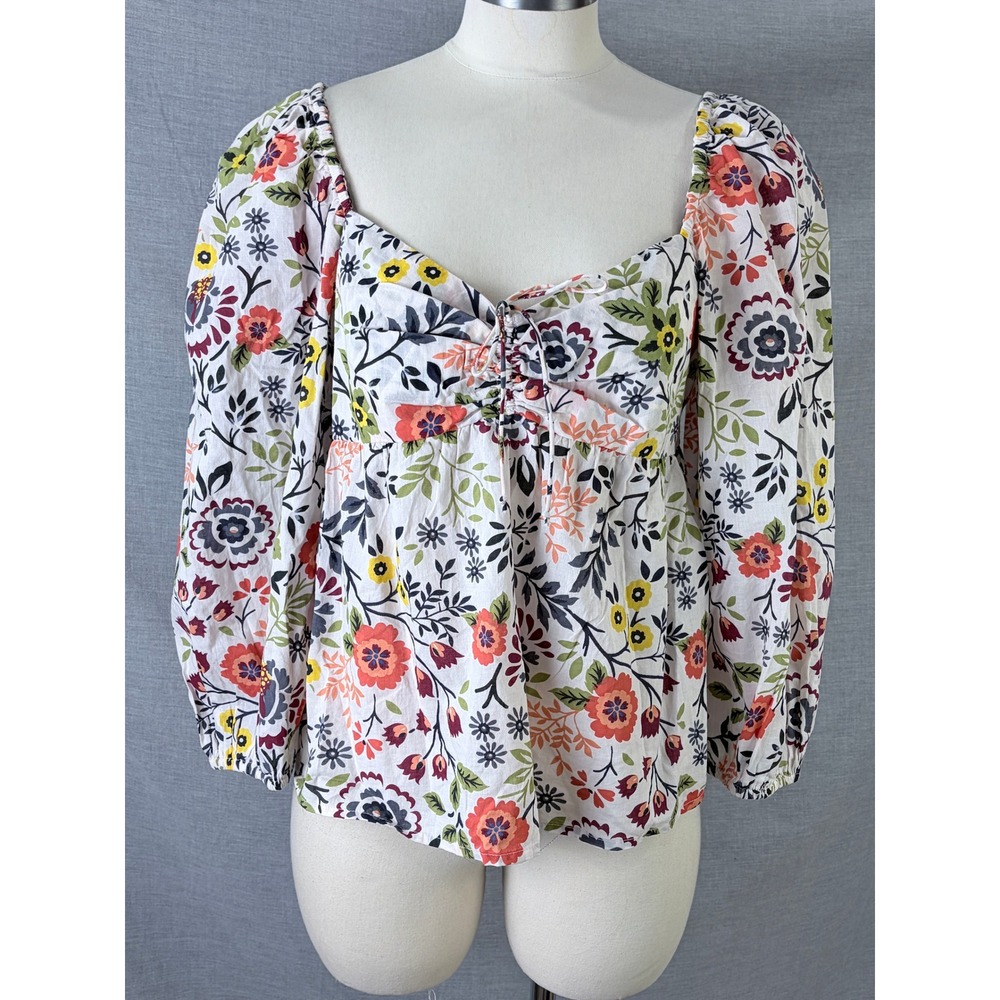 Velvet by Graham & Spencer Floral Cotton Puff Sleeve Blouse White Multi Size M